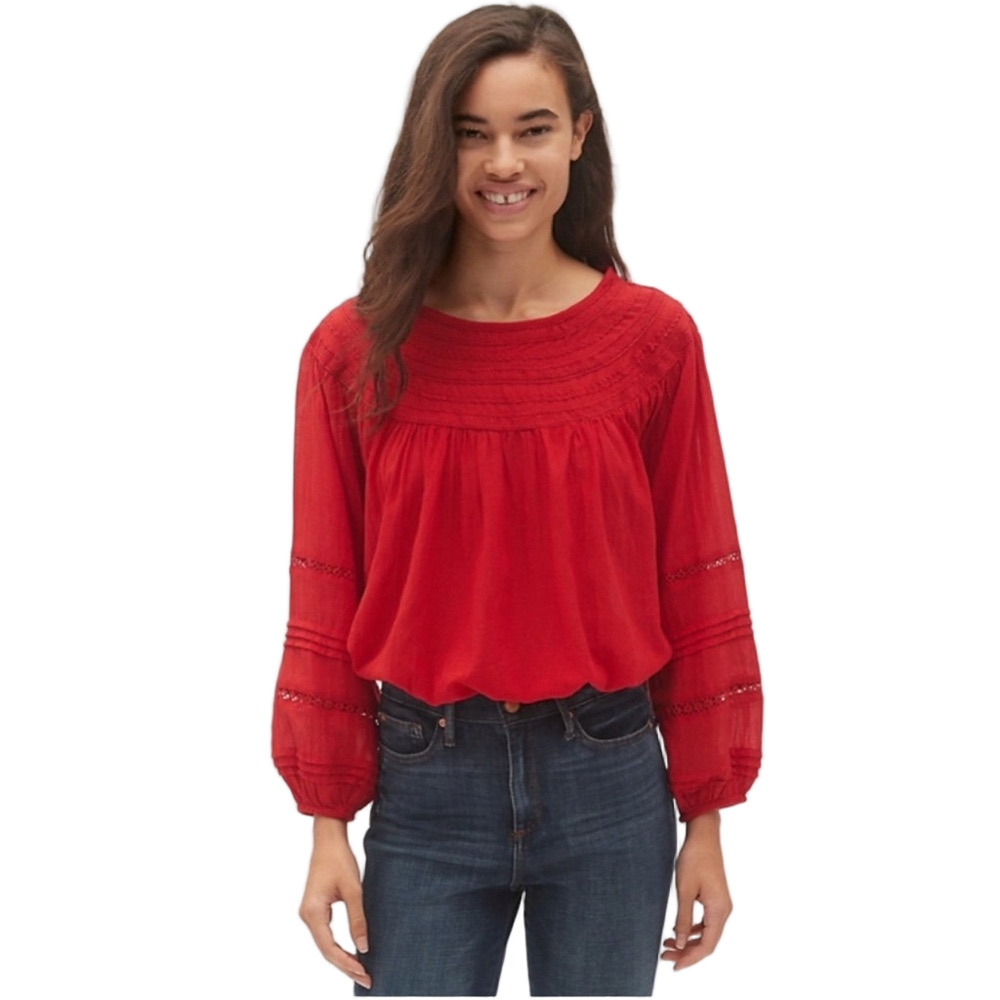 Gap Red Smocked Peasant Blouse Boho Flowy Relaxed Fit Size XXL